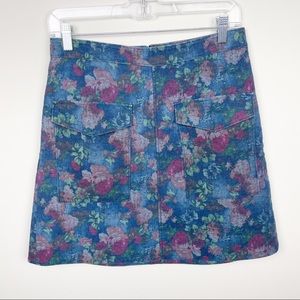 Erin Featherston for Anthropologie Floral Denim Mini Skirt 8 Twee Boho 60s